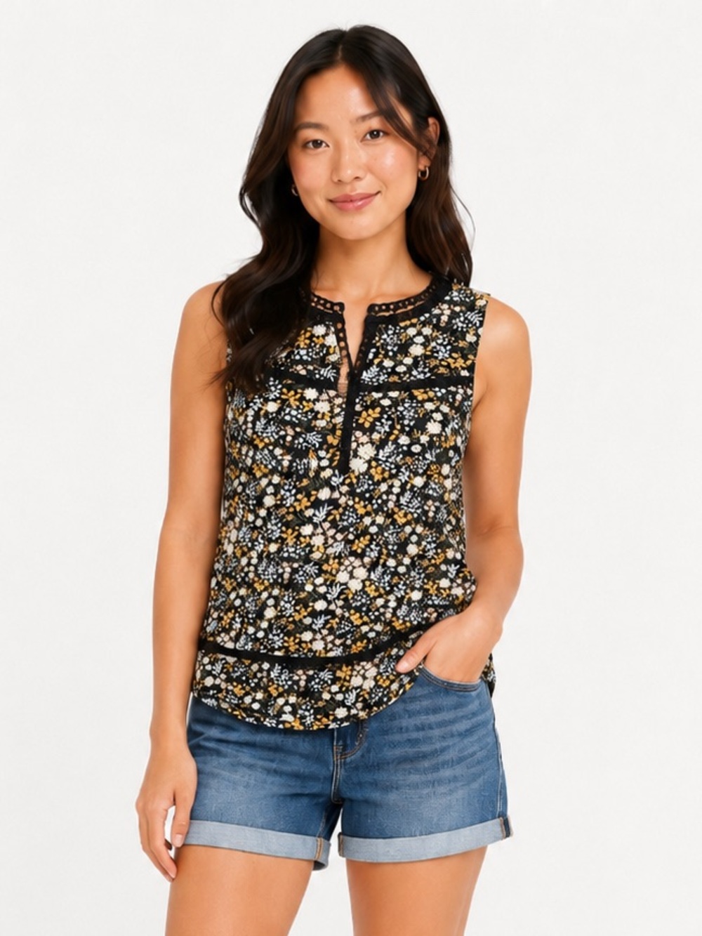 Lucky Brand Floral Peasant Top Crochet Lace Accent Size M Cotton Cottagecore